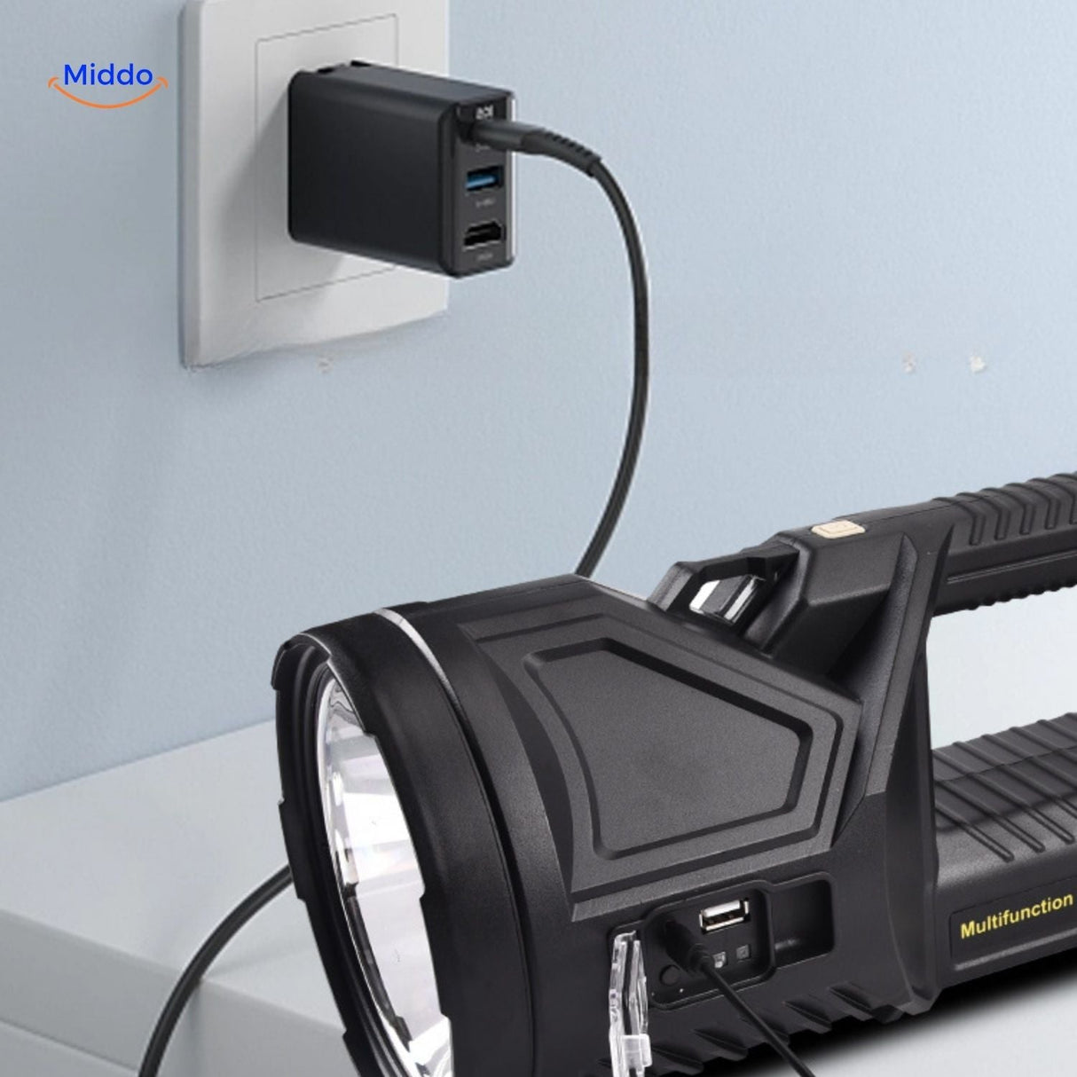 PowerBeam Suchscheinwerfer aufladbar über Steckdose www.middo.de