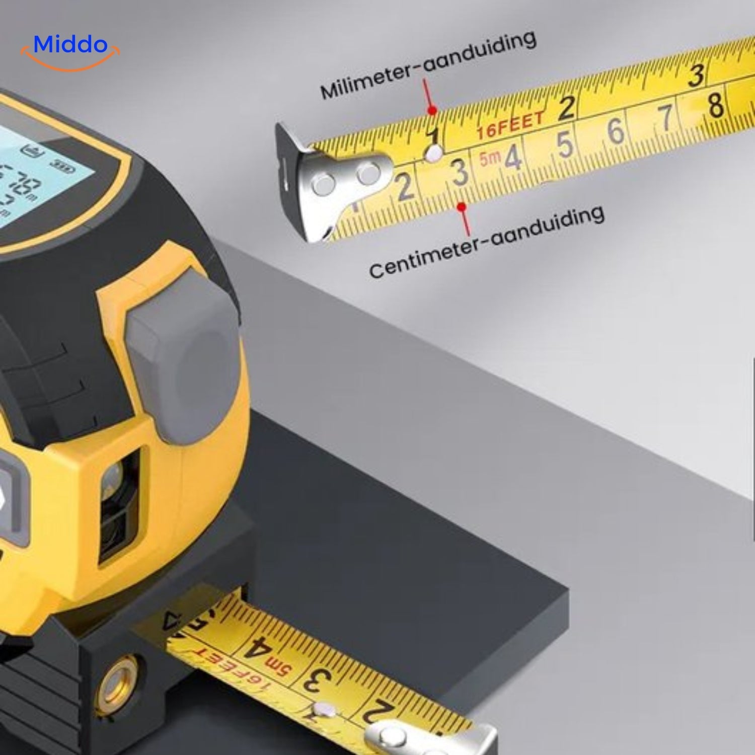 ProMeasure Digitale Laserbandmaß mit cm-Anzeige - Gelb 3-in-1 bis 60m Reichweite - www.middo.nl