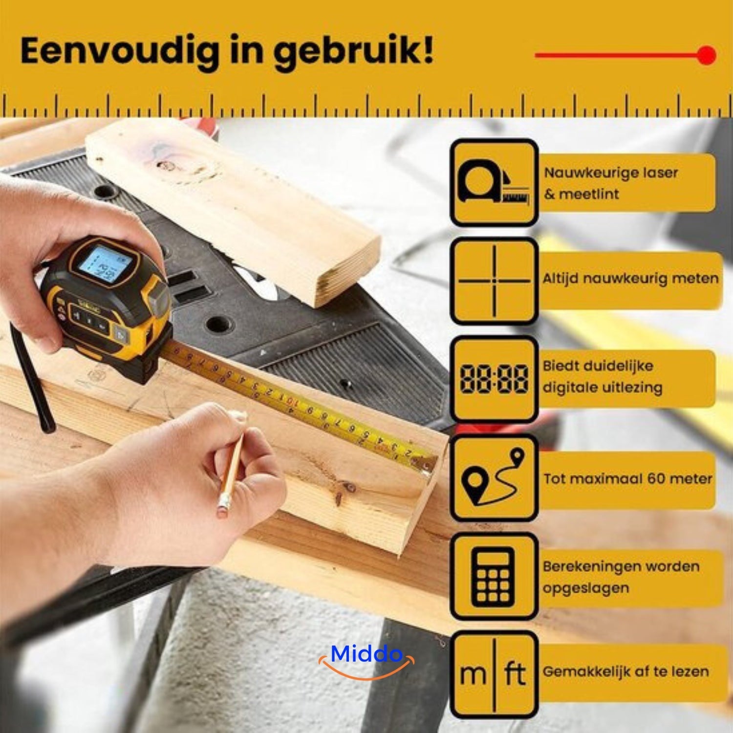 ProMeasure Digitale Laser-Maßband - Einfach zu bedienen 3-in-1 bis 60m Reichweite - www.middo.nl