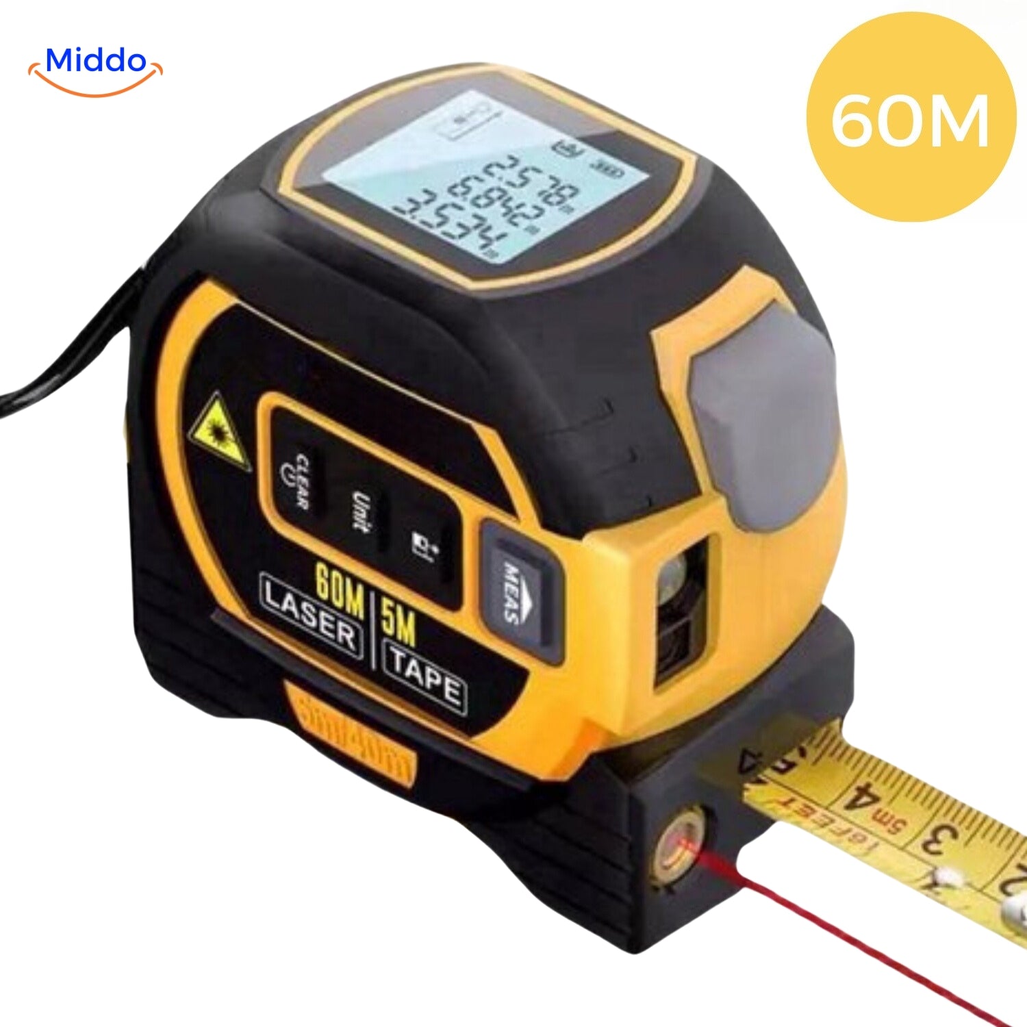 ProMeasure Digitale Laser-Maßband Gelb Leistungsstarker Laser 3-in-1 bis zu 60m Reichweite mit Kreuzlinienlaser - www.middo.nl