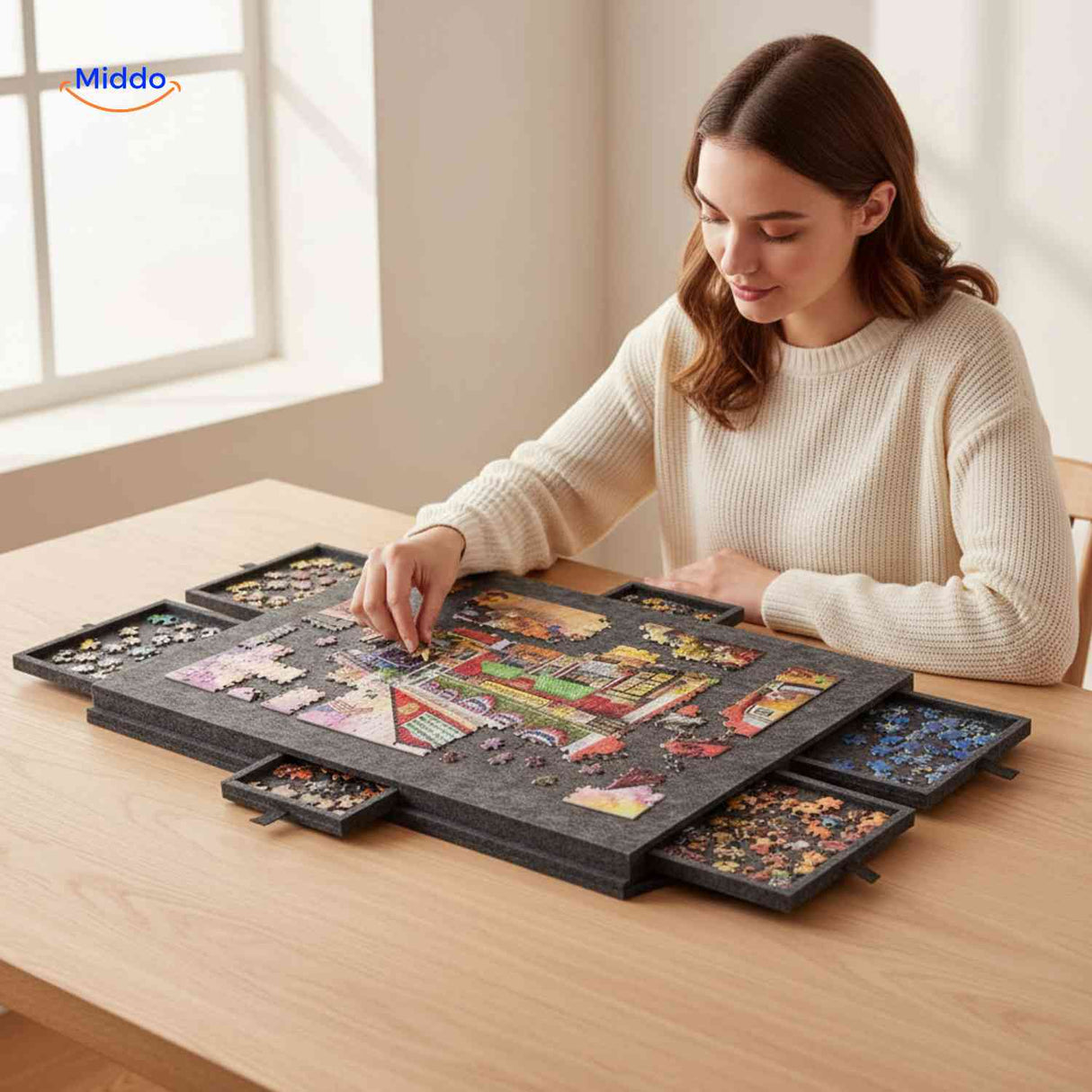 PuzzleNest Puzzlebrett aus Filz mit Aufbewahrungsschubladen