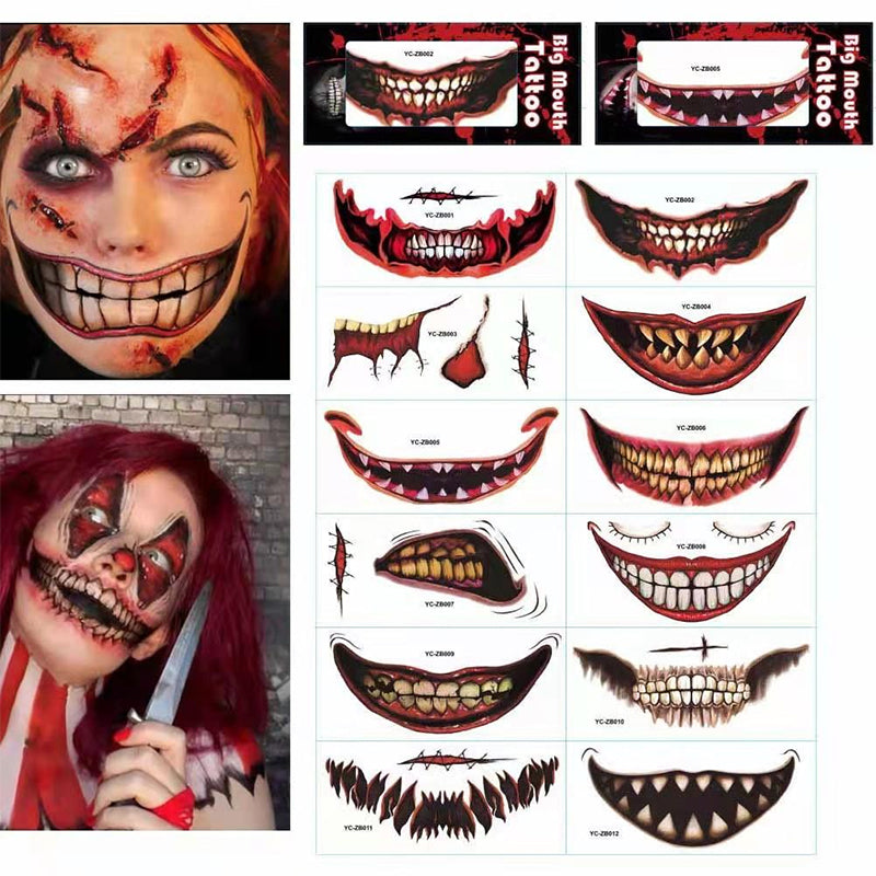 Nahaufnahme von verschiedenen gruseligen Mund-Tattoos für Halloween