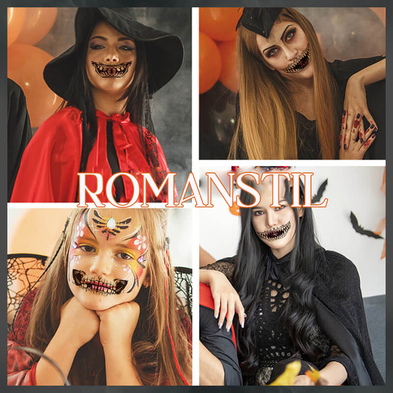 Gruppe von Menschen in Halloween-Kostümen mit Horrortattoos im Gesicht