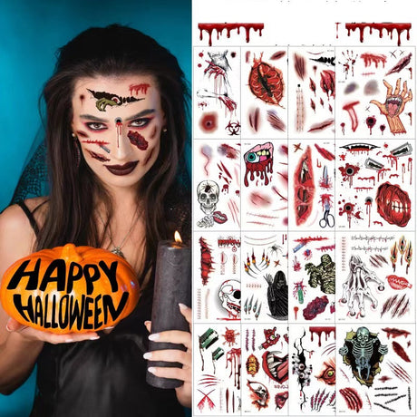 Frau mit realistischen Halloween-Horror-Tattoos und Halloween-Kürbis