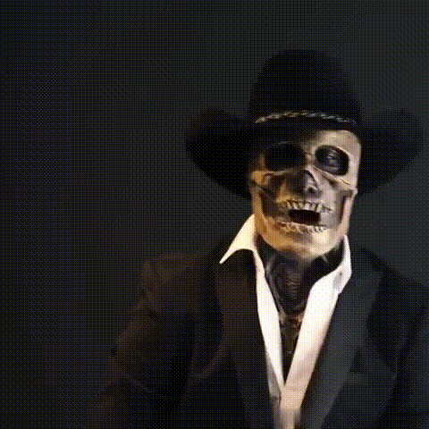 Realistisches Halloween-Kostüm mit Hut und drehendem Kopf