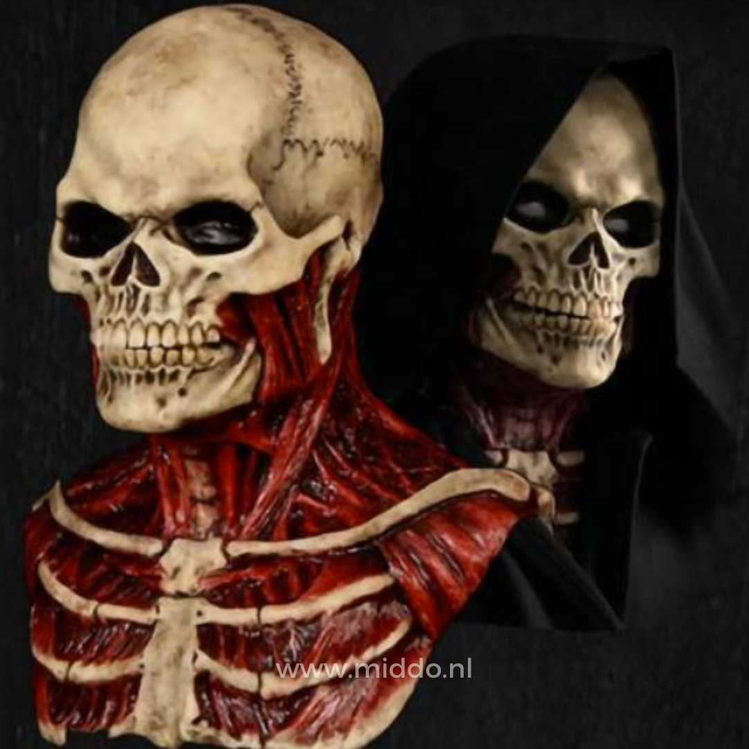 Skelett mit zwei Masken, detailliert und erschreckend