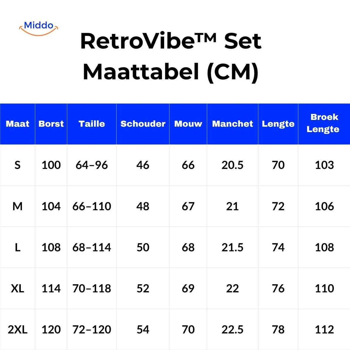 RetroVibe Set Größentabelle Damen Trainingsanzug, Größenübersicht in cm