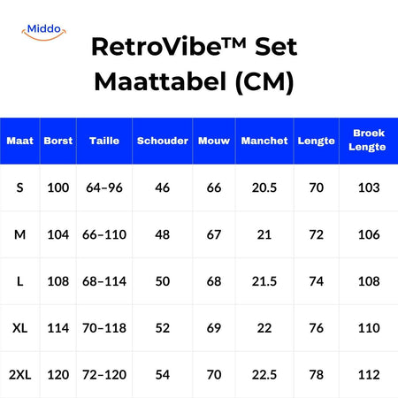 RetroVibe Set Größentabelle Damen Trainingsanzug maten Übersicht cm www.middo.de