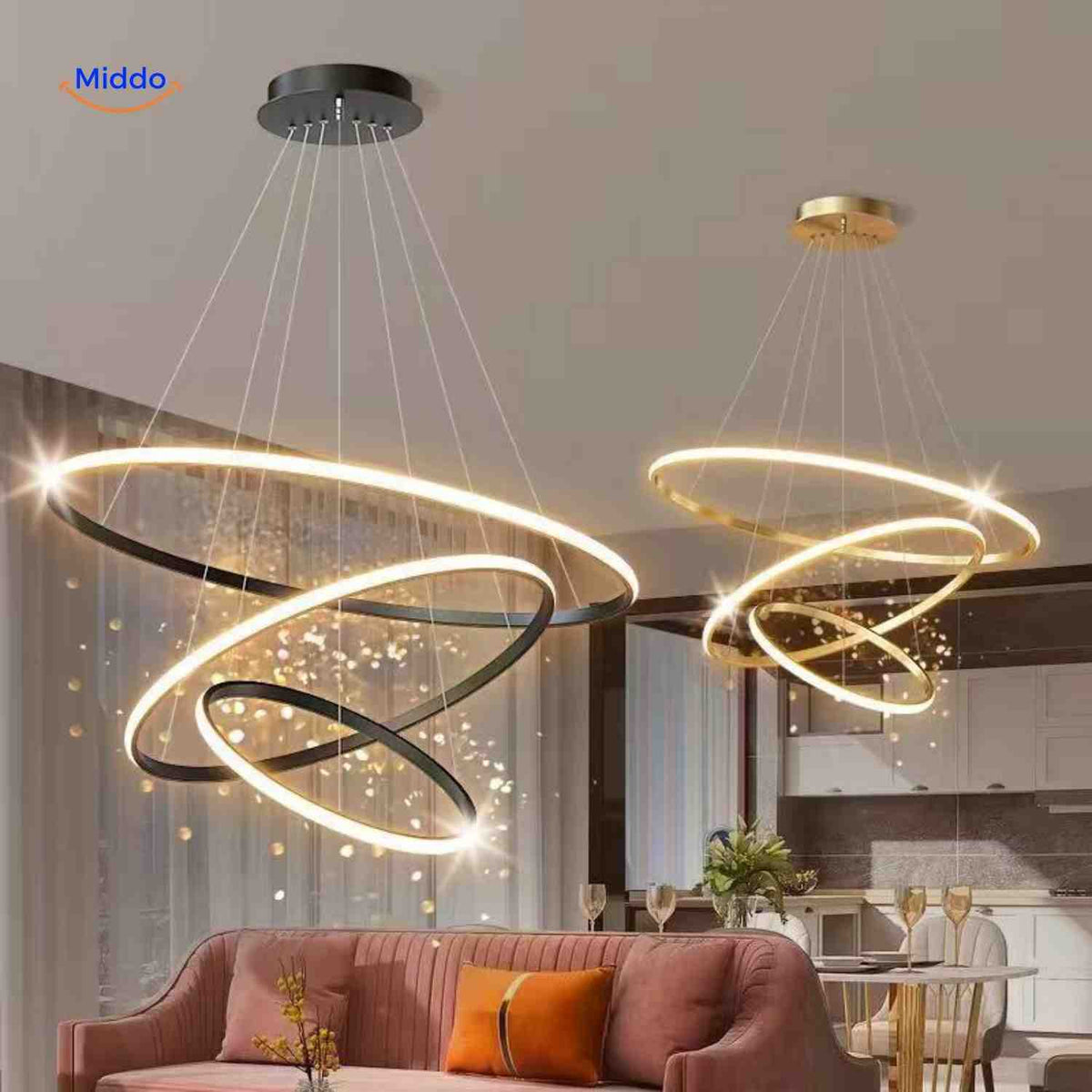 Ring-Kronleuchter aus luxuriösem LED mit Ringen für Wohnzimmer und Esszimmer - www.middo.de