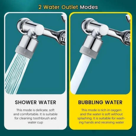 Der Wasserhahn-Aufsatz zeigt zwei verschiedene Wasser-Modi, Dusche und Sprudel