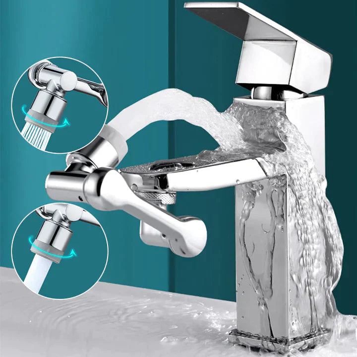Zwei Wasserstrahlen aus einem rotierenden Wasserhahnbedienungsaufsatz im Badezimmer.