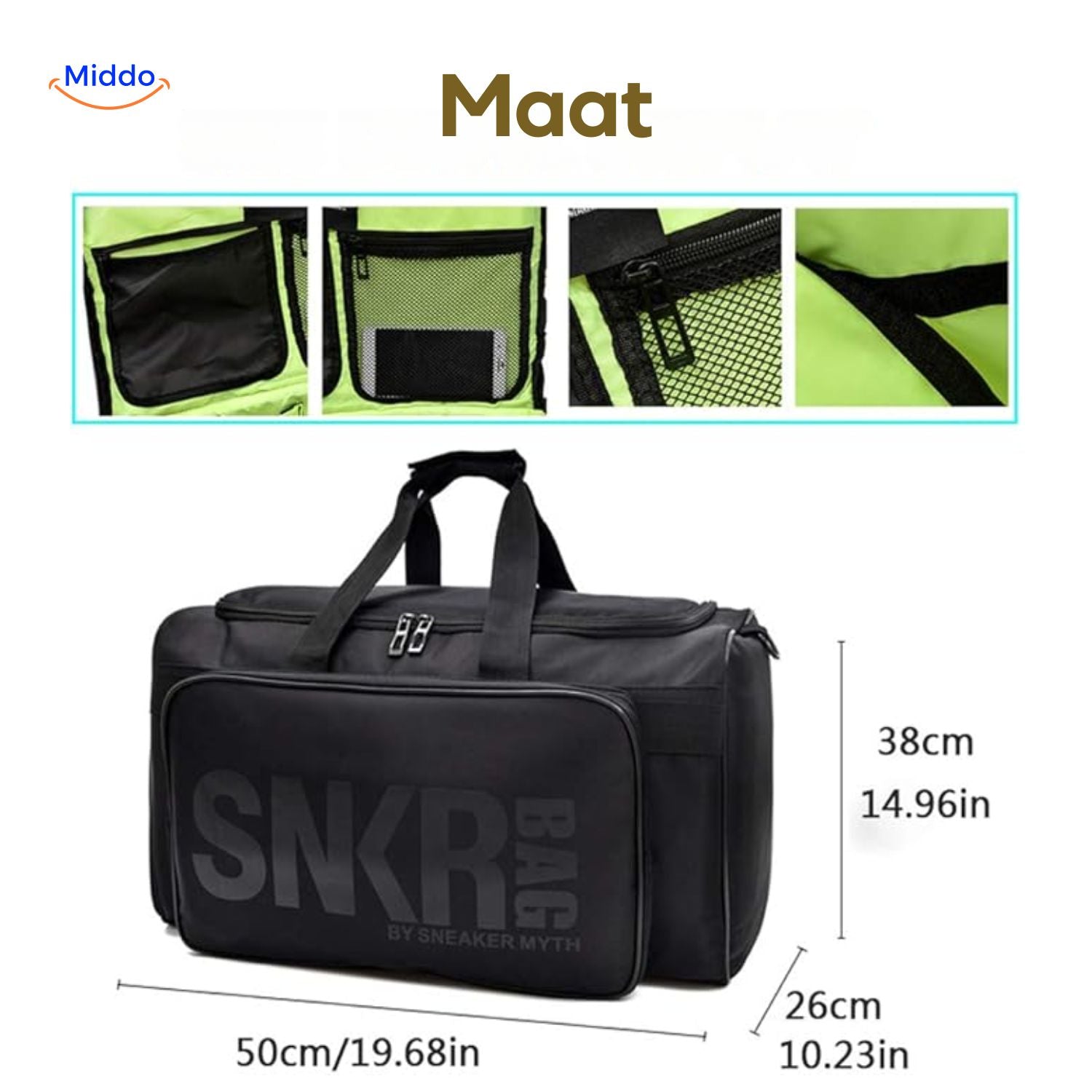 SNKRPro Tasche mit Maßen und grauen internen Details www.middo.nl