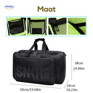 SNKRPro Tasche mit Maßen und grauen internen Details