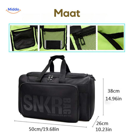 SNKRPro Tasche mit Maßen und grauen internen Details www.middo.nl