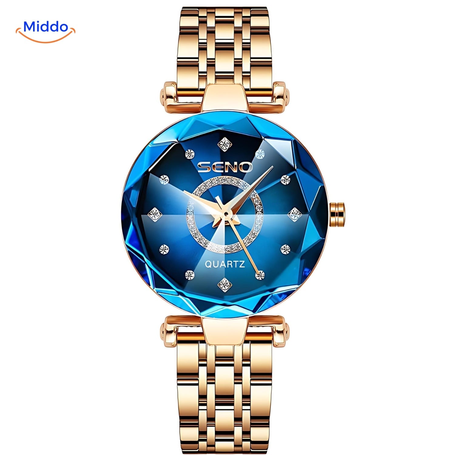 Seno Elegance Damenuhr Stahl Goldblau Middo.nl