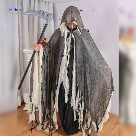 ShadowReap Umhang grau-weiß mit Sensen-Motiv – gruselig für Halloween | www.middo.de
