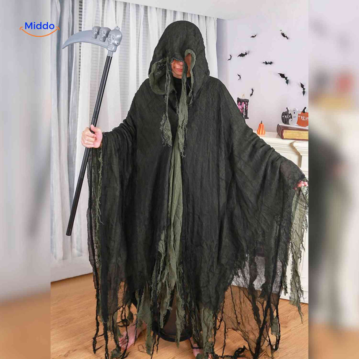 ShadowReap Umhang in Grün mit Sense - Das gruselige Halloween-Kostüm für unvergessliche Auftritte! Besuchen Sie uns auf www.middo.de