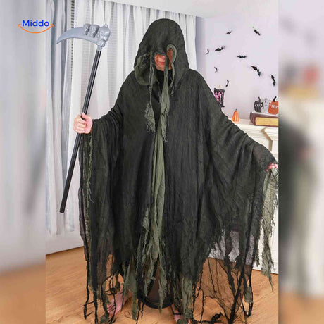 ShadowReap Umhang in Grün mit Sense - Das gruselige Halloween-Kostüm für unvergessliche Auftritte! Besuchen Sie uns auf www.middo.de