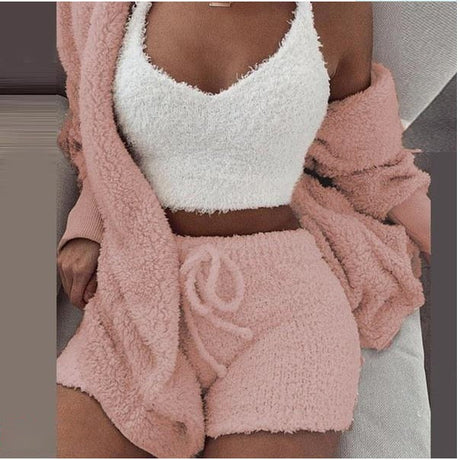 Rosa SheCutie 3-teiliges Comfy-Set, Top, Shorts und Weste