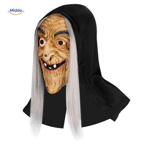 Skullveil Maske gruselige Hexe mit langen grauen Haaren www.middo.de