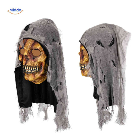 Skullveil Maske – Verrottete Schädelmaske mit grauer Kapuze | www.middo.de