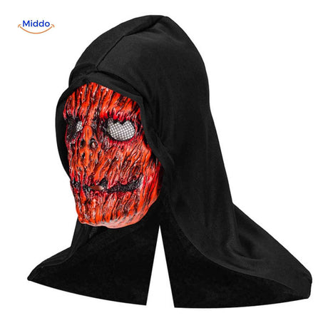 Skullveil Maske in feurigem Rot – Totenkopfmaske mit schwarzer Kapuze. Besuchen Sie uns auf www.middo.de