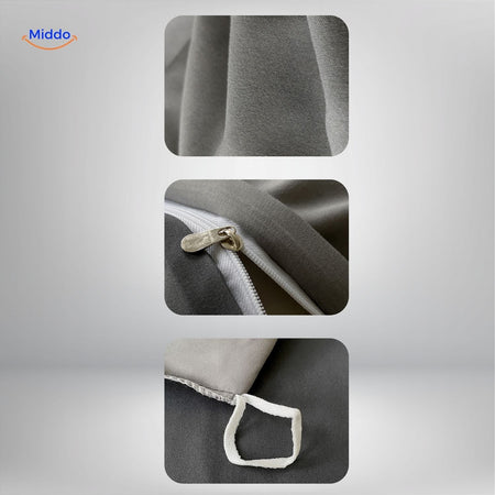 SleepNest Gemütliches Schlafset grauer Stoff mit Reißverschluss und Befestigungsschlaufe Detail www.middo.nl