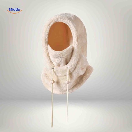 SnowShield Wintermütze beige aus Fleece mit langen Kordeln und Schal-Schutz - jetzt entdecken auf www.middo.de!