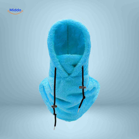 SnowShield Wintermütze himmelblau – warme Fleece-Kapuze mit Schal für optimalen Schutz. Besuchen Sie www.middo.de für mehr Informationen!