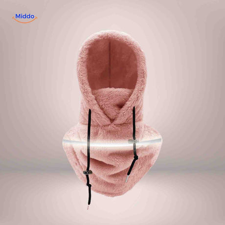 SnowShield Wintermütze Rosa Fleece Kapuze mit reflektierendem Band – warmes Schal www.middo.de