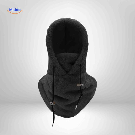 SnowShield Thermokappe in Schwarz aus Fleece mit Kordelzug und Nackenwärmer