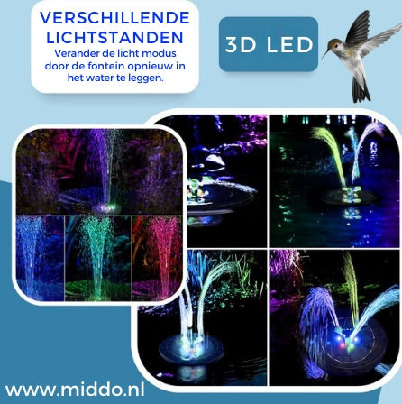 Verschiedene Lichtmodi eines Brunnens mit buntem LED-Licht.