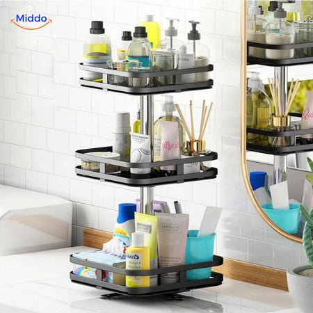 SpinStore quadratisch im Badezimmer mit Gegenständen darauf.