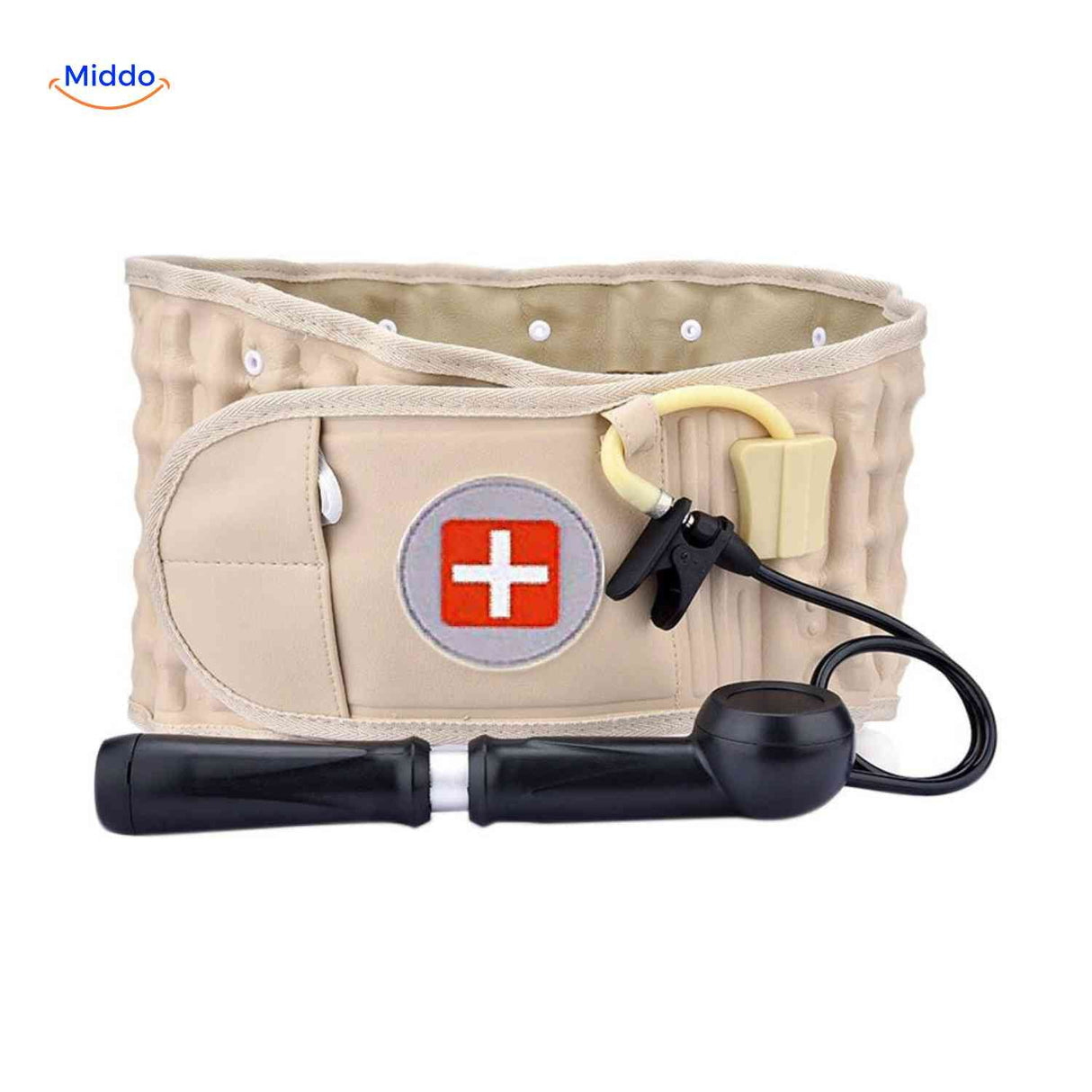 SpineRelief Beige aufblasbare Rückenstütze mit Handpumpe www.middo.de
