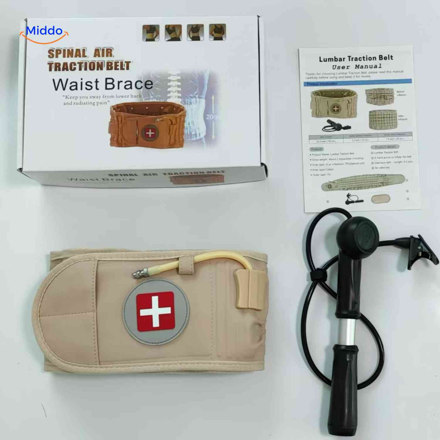 SpineRelief Gurt Komplettset beige mit Verpackung und Anleitung www.middo.de