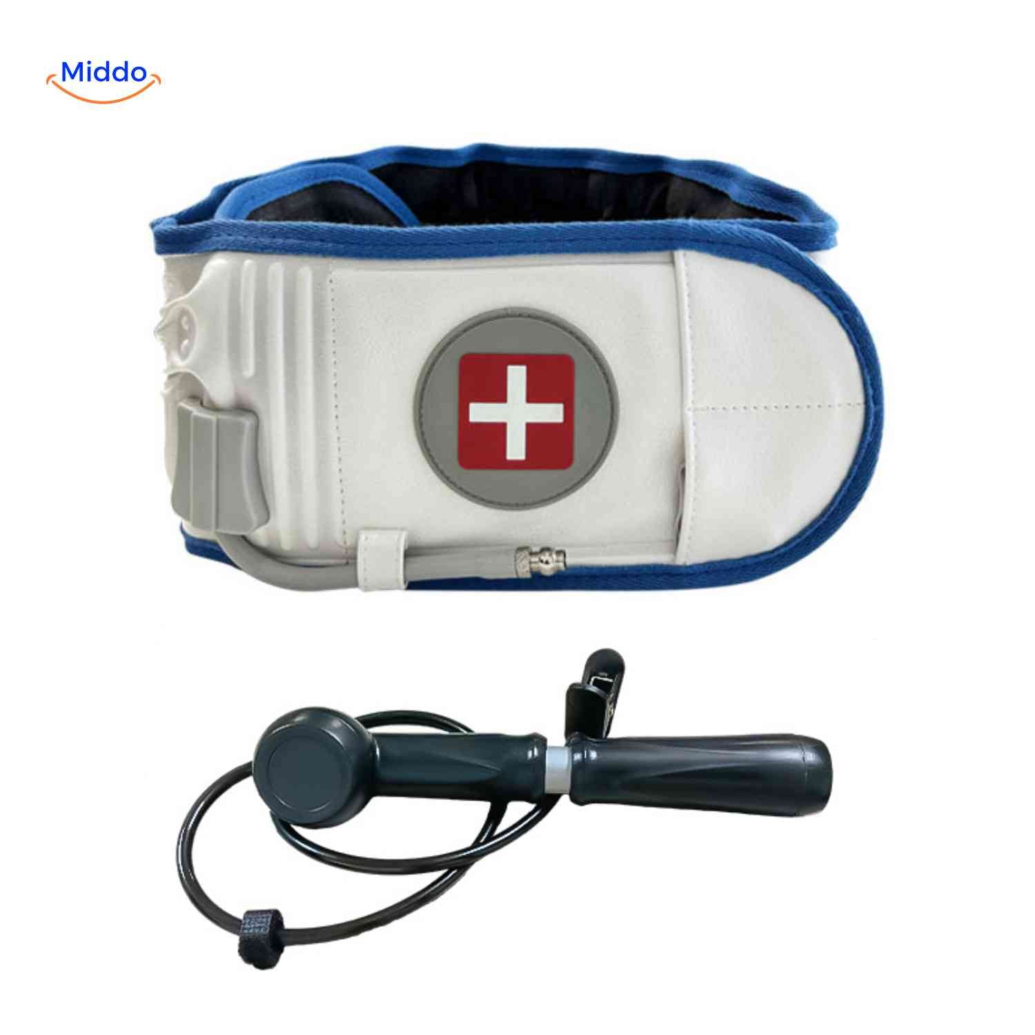 SpineRelief Gürtel mit blauer Rückenstütze und manueller Luftpumpe www.middo.de