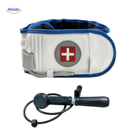 SpineRelief Gürtel mit blauer Rückenstütze und manueller Luftpumpe www.middo.de