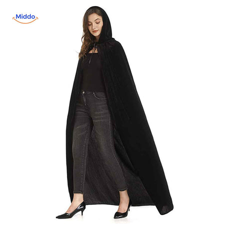 Spookora Cape – langer, samtiger Mantel mit Kapuze für Halloween-Kostüme – www.middo.de
