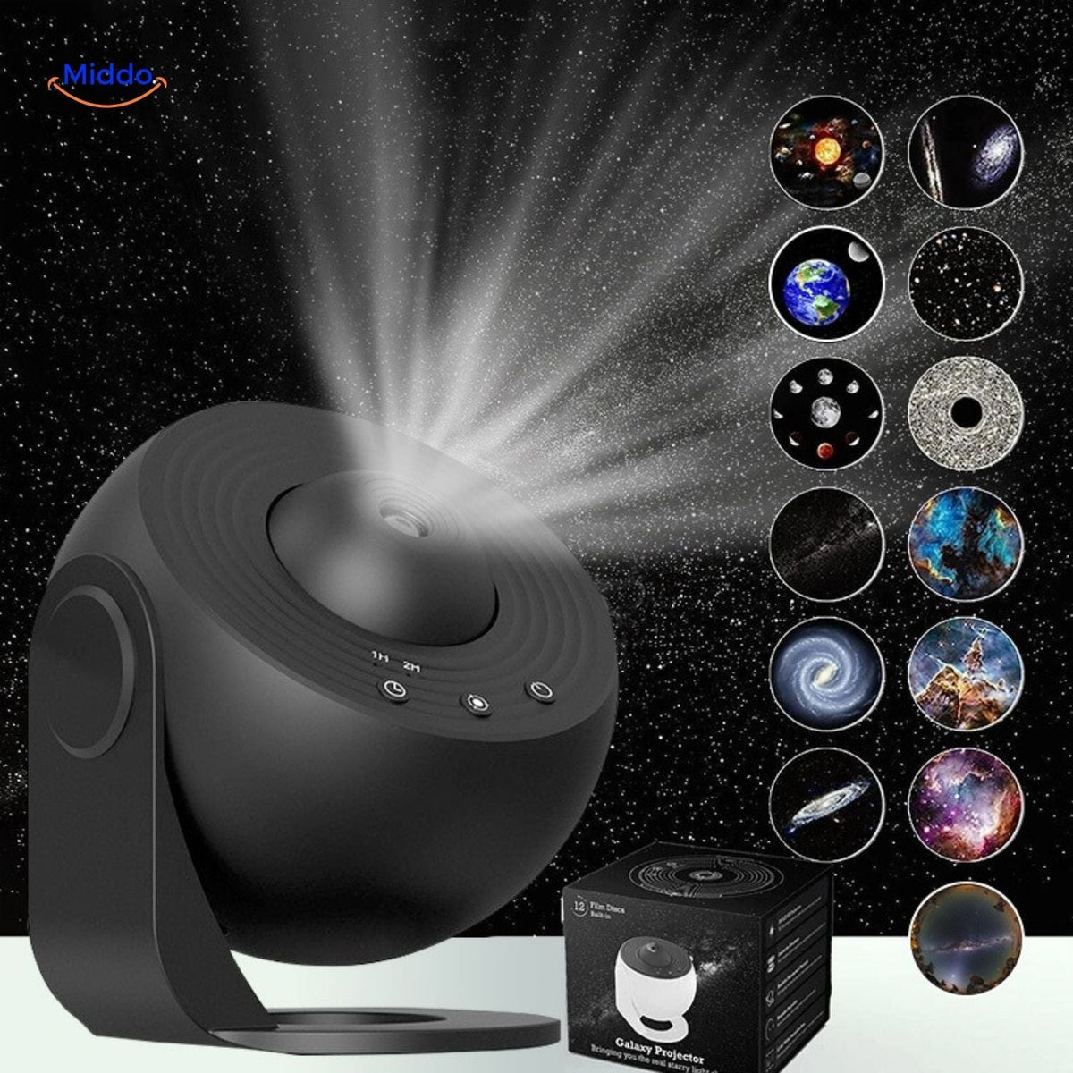 StarGlow Projektorlampe mit schwarzem Design und Raumdias