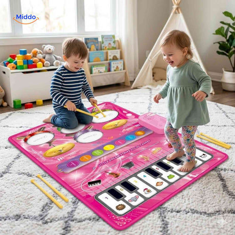 StepTune Kinder spielen auf Musikmatte mit Trommel und Klavier