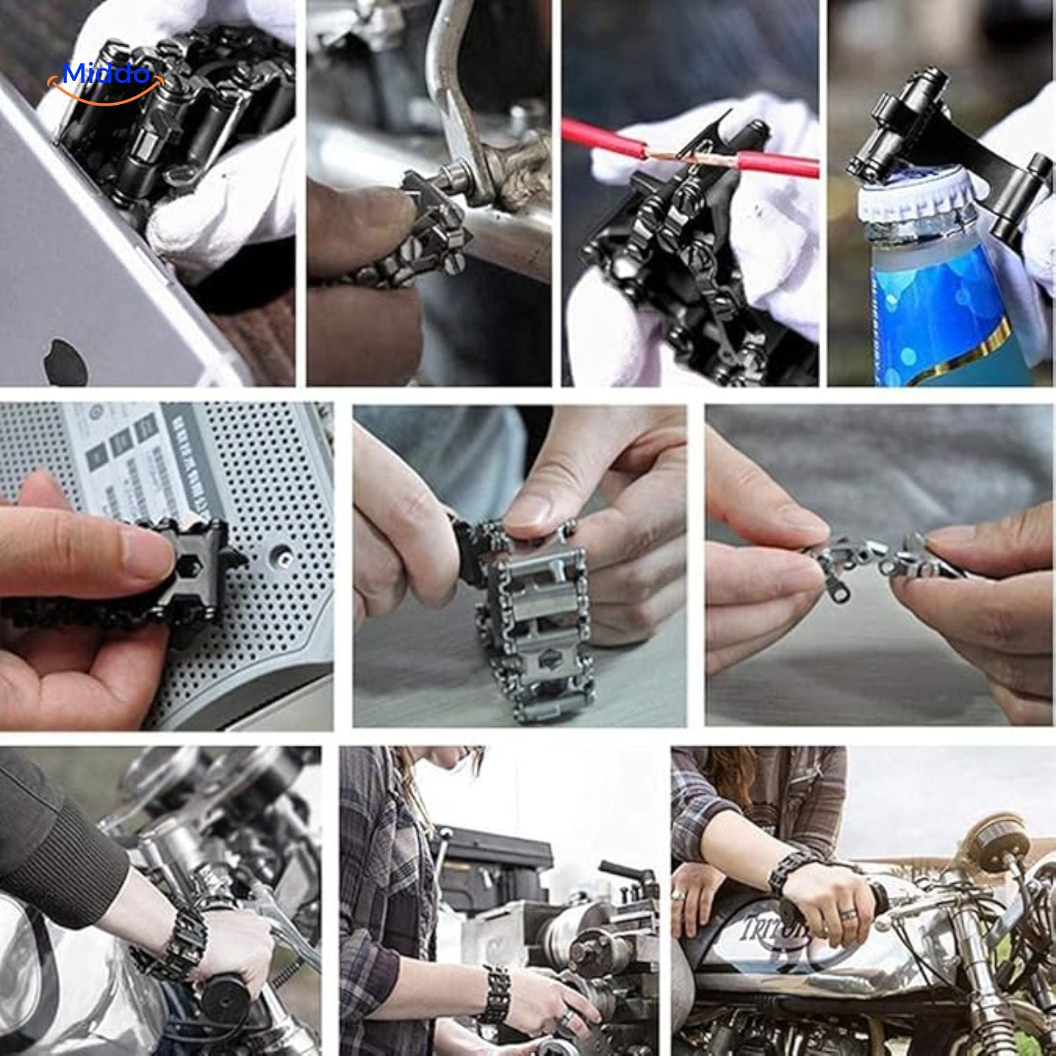 SurvivePro Multitool Armband schwarz und chromfarbene Multitool-Armband-Set www.middo.nl