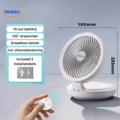 Weißer Ventilator mit Fernbedienung und technischen Spezifikationen