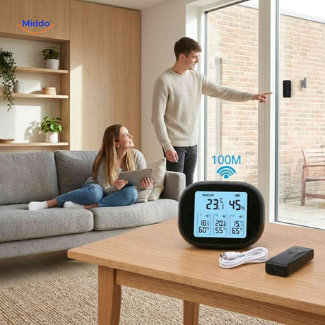 ThermoSense Raumklimamessgerät mit Funksensor im Wohnzimmer