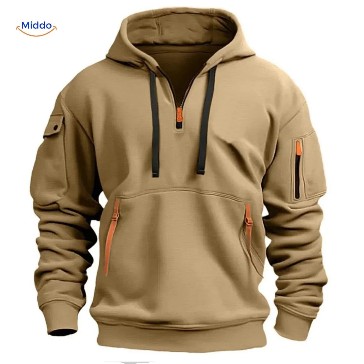 Thom Kapuzenpullover komfortabel beige mit orangefarbenen Reißverschlüssen