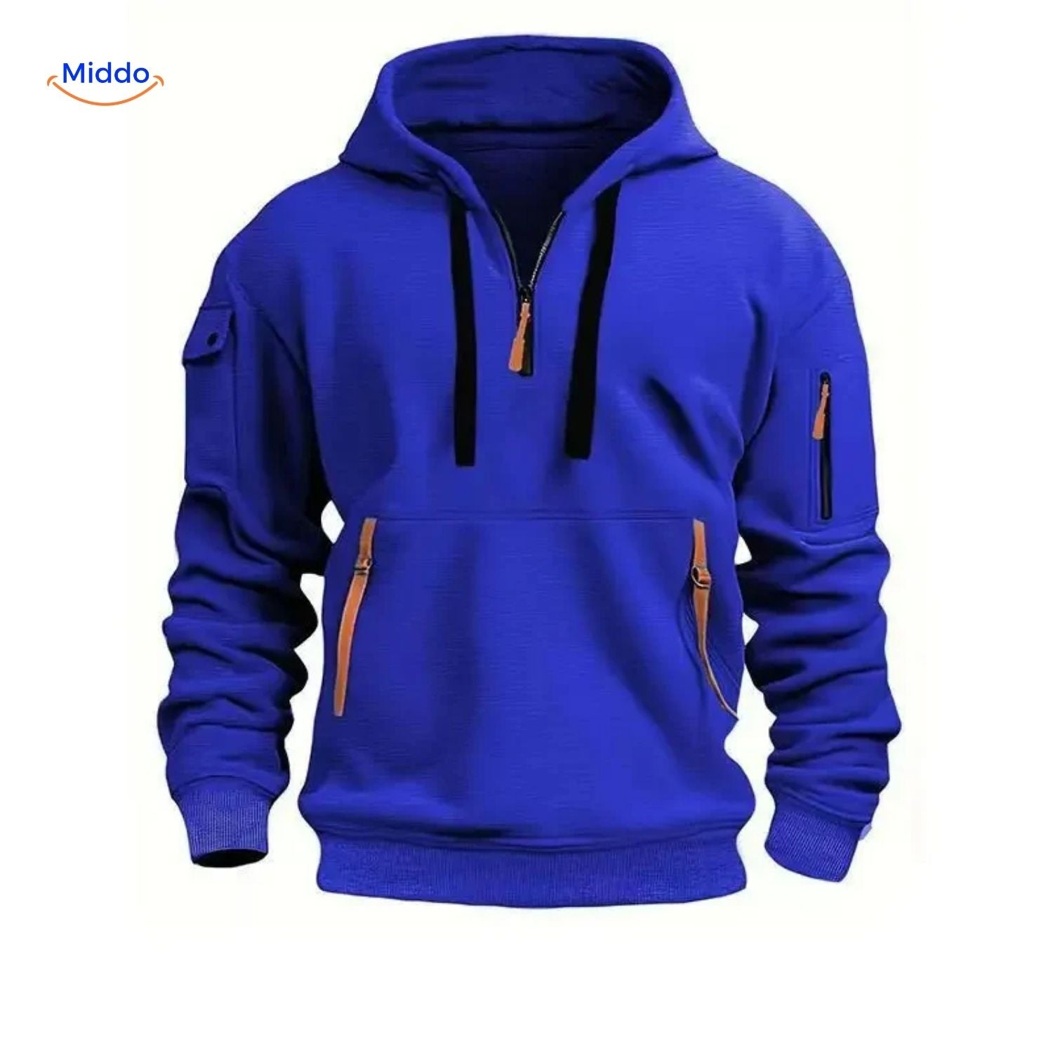 Thom Kapuzenpullover bequem blau mit orangefarbigen Reißverschlüssen www.middo.nl