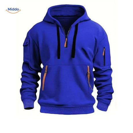 Thom Kapuzenpullover bequem blau mit orangefarbigen Reißverschlüssen