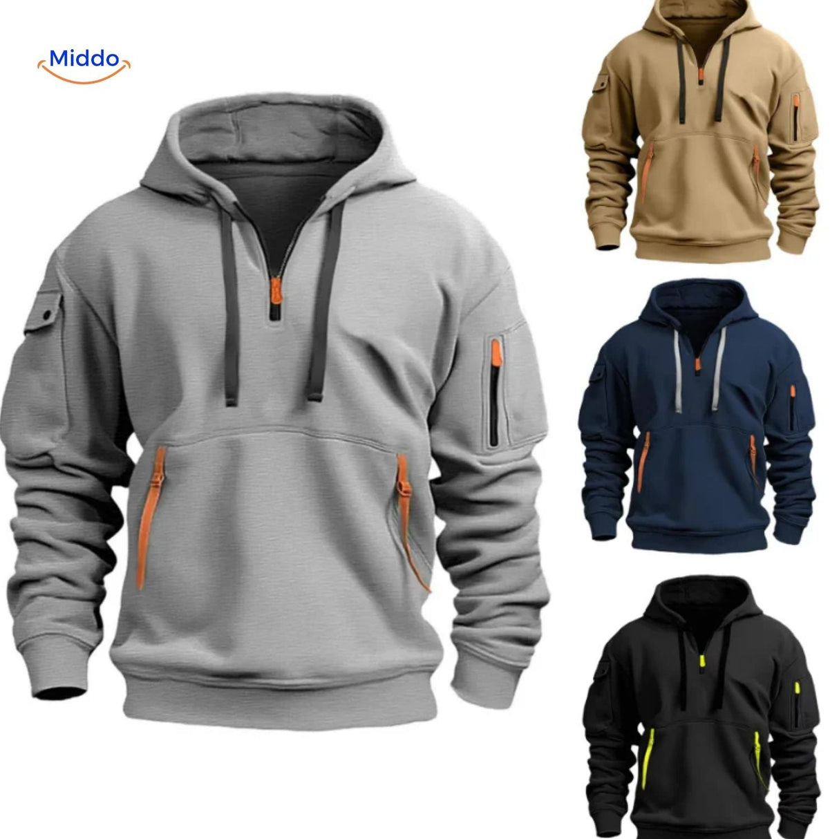 Thom Kapuzenpullover komfortabel grau mit orangefarbenen Reißverschlüssen www.middo.de