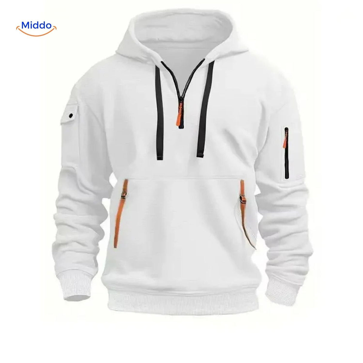 Thom Kapuzenpullover bequem weiß mit orangefarbenen Reißverschlüssen www.middo.de