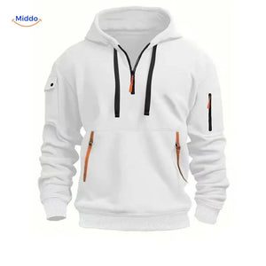 Thom Kapuzenpullover bequem weiß mit orangefarbenen Reißverschlüssen www.middo.de