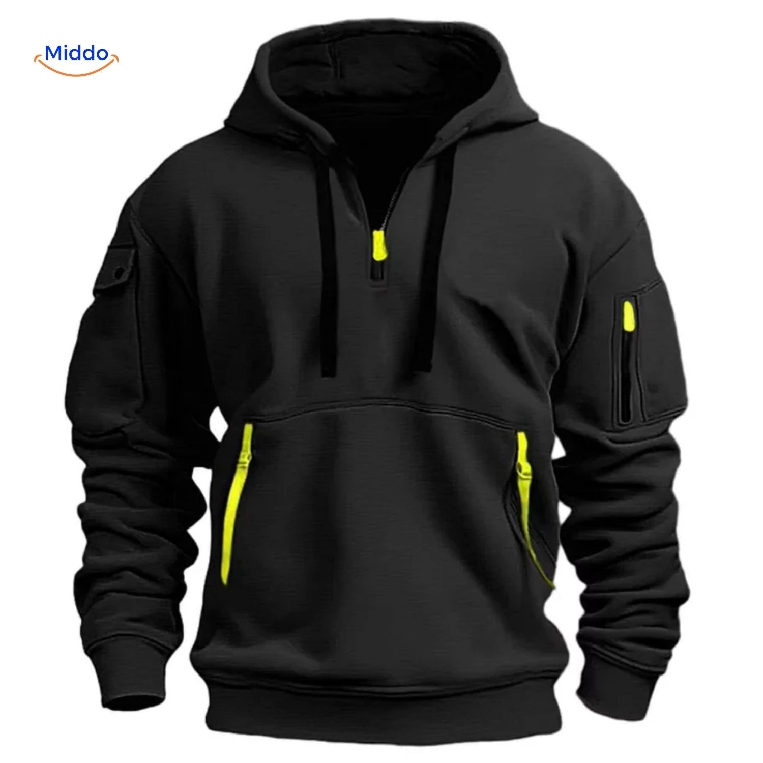 Thom Hooded Pullover bequem schwarz mit gelben Reißverschlüssen www.middo.nl